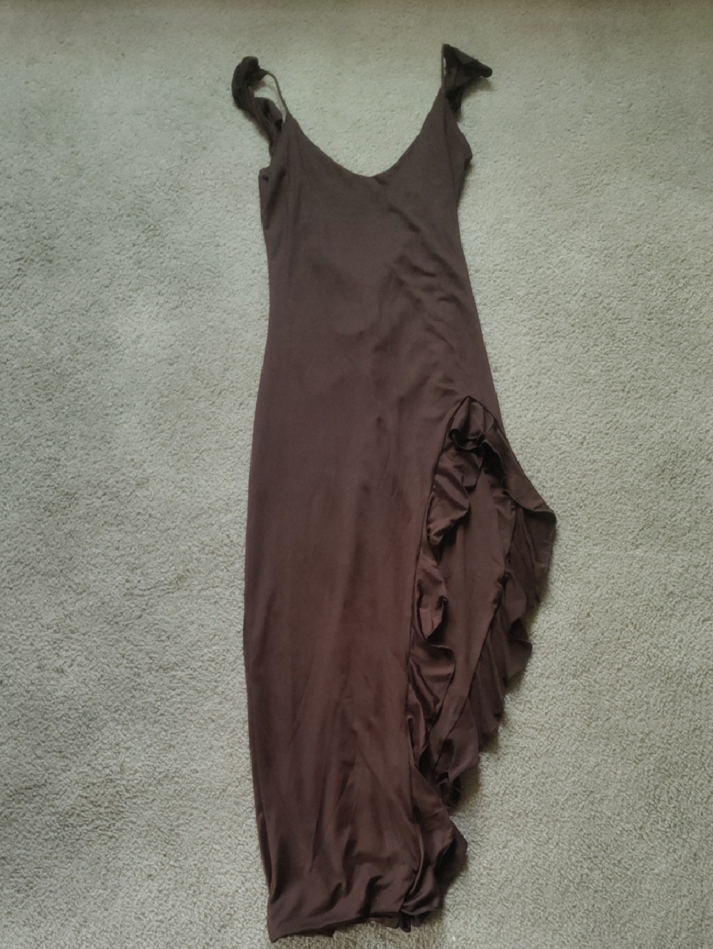 Asymmetrical Brown Ruffle-Side Slip Dress